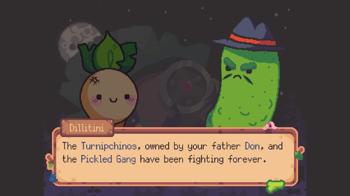 Dillitini introduces itself in Turnip Boy Robs a Bank.