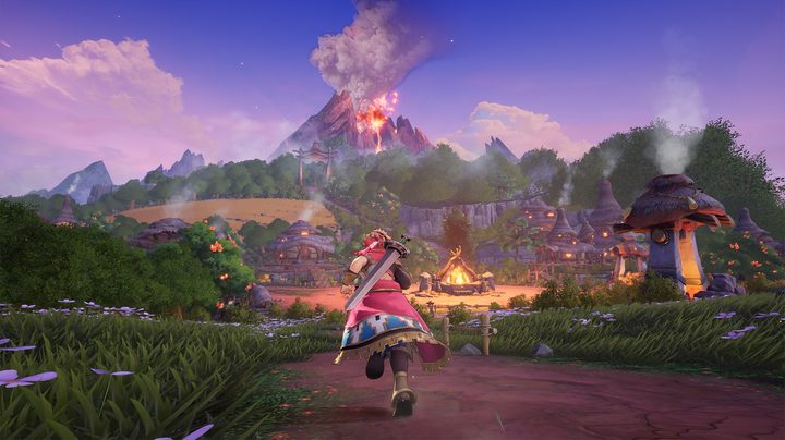 Val running toward a village below a volcano.