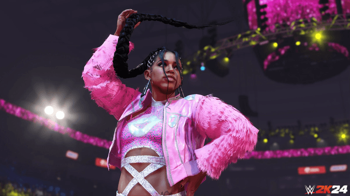 Bianca Belair spins her hair braid in WWE 2K24.