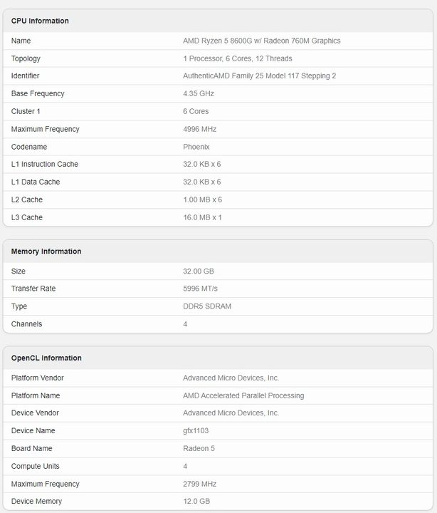 Screenshot of the leaked Geekbench benchmark scores of the upcoming AMD Ryzen 8600G.