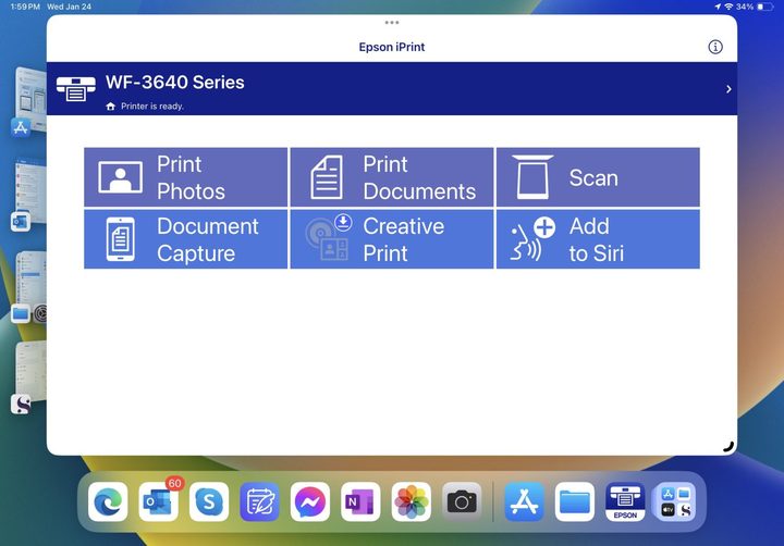 Apple iPad Pro 11 screenshot showing Epson printer app.