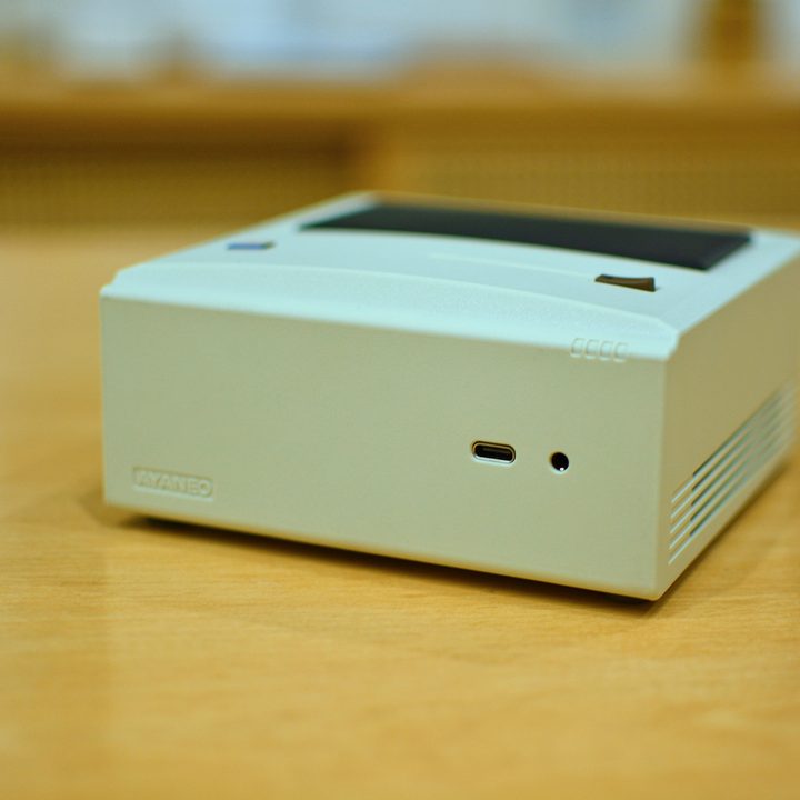 The front I/O ports on the Ayaneo Retro Mini PC AM01.