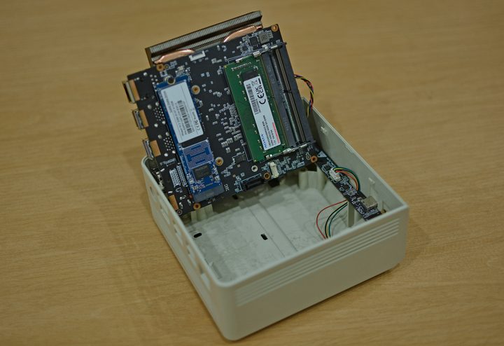 The M.2 SSD and memory on the Ayaneo Retro Mini PC AM01.