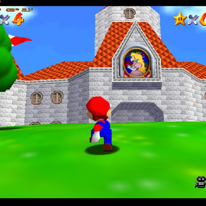 A screenshot of Super Mario 64 running on the Ayaneo Retro Mini PC AM01 using an emulator.