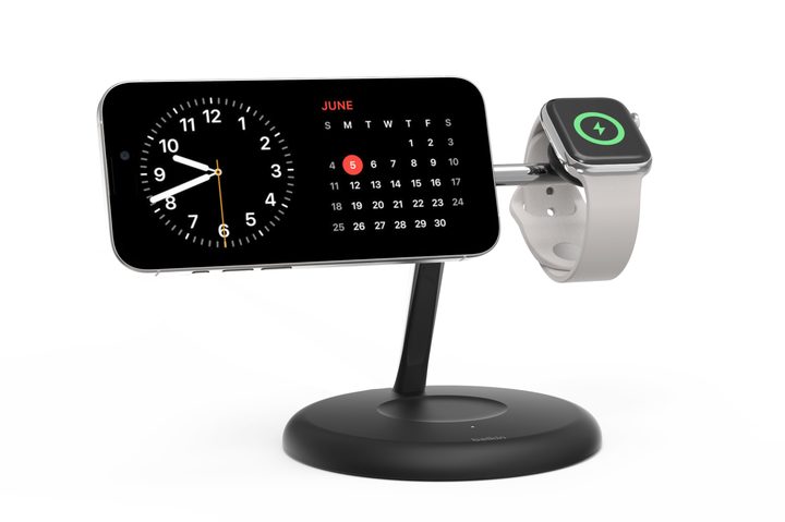A render of Belkin's 3-in-1 Qi2 charger, holding an iPhone and an Apple Watch.