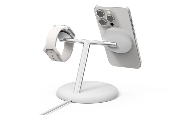 A render of Belkin's 3-in-1 Qi2 charger, holding an iPhone and an Apple Watch.