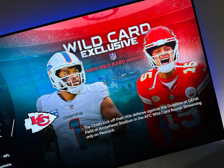 The promo screen for the Kansas City Chiefs and Miami Dolphins on the Peacock streaming service.