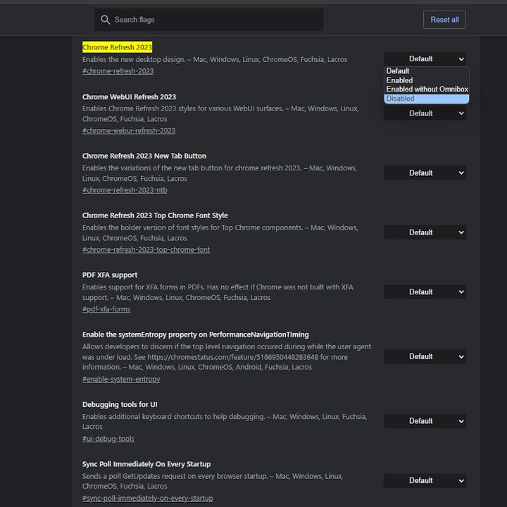 The Chrome refresh 2023 and Chrome versions in list.
