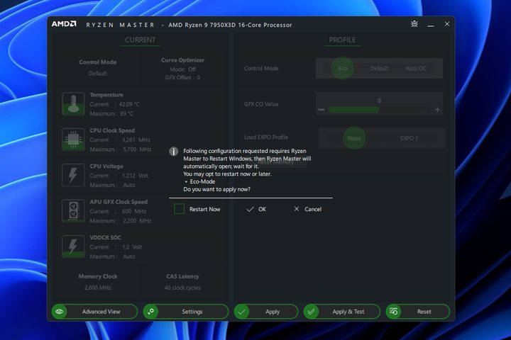 Enabling Eco Mode in Ryzen Master.