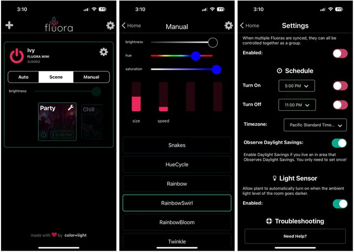 Screenshots of the Fluora app on iOS.