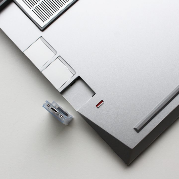 The expandable slots on the back of the Framework Laptop 16.
