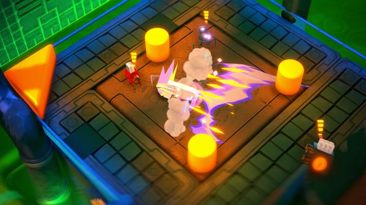 A ball mech bounces around a level in Go Mecha Ball.