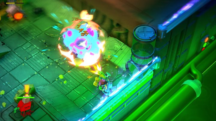 A mech blows up an enemy in Go Mecha Ball.