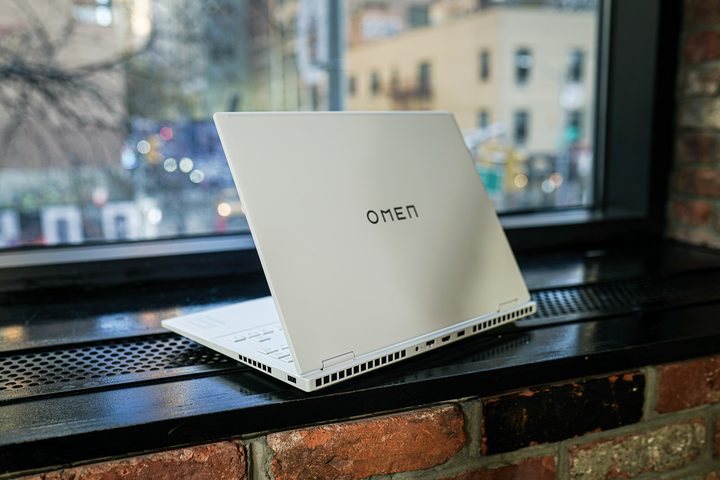 HP Omen Transcend 14 sitting next to a window.