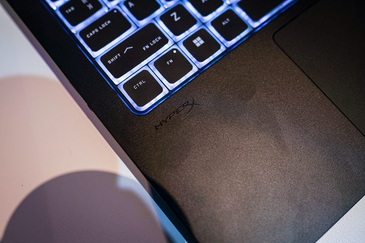 The HyperX logo on the HP Omen Transcend 14 gaming laptop.