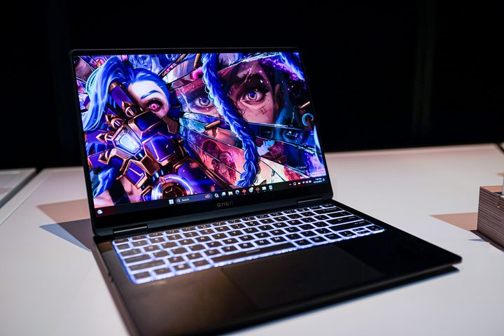 The HP Omen Transcend 14 gaming laptop sitting on a table.