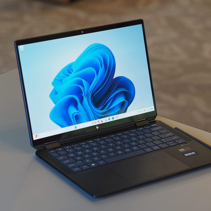 HP Spectre x360 14 2023 front angled view showing display and keyboard.