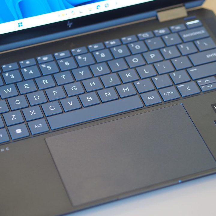 HP Spectre x360 14 2023 top down view showing keyboard.