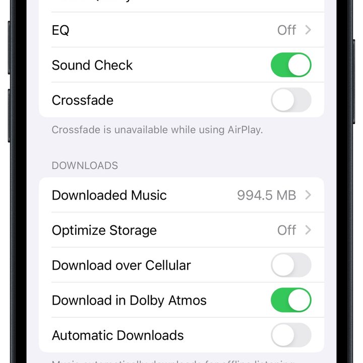 Apple Music Dolby Atmos settings in iOS 17.