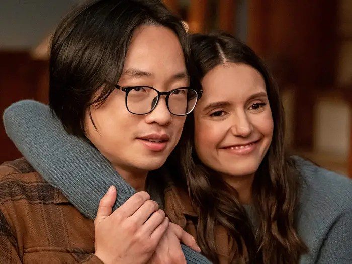 Jimmy O. Yang and Nina Dobrev in Love Hard.