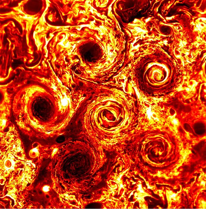 Six cyclones can be seen at Jupiter’s south pole in this infrared image taken on Feb. 2, 2017, during the 3rd science pass of NASA’s Juno spacecraft. Juno’s Jovian Infrared Auroral Mapper (JIRAM) instrument measures heat radiated from the planet at an infrared wavelength of around 5 microns.