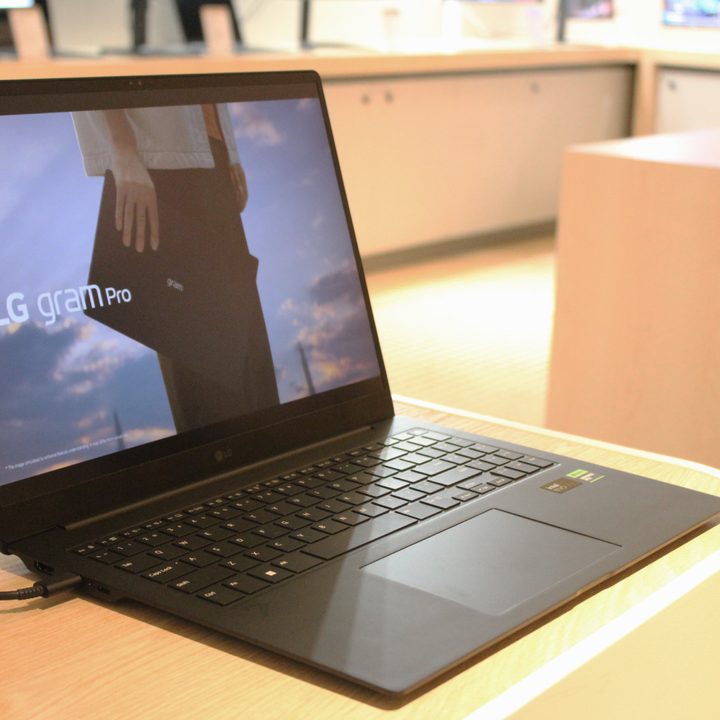 The LG Gram Pro laptop on a table in a room.