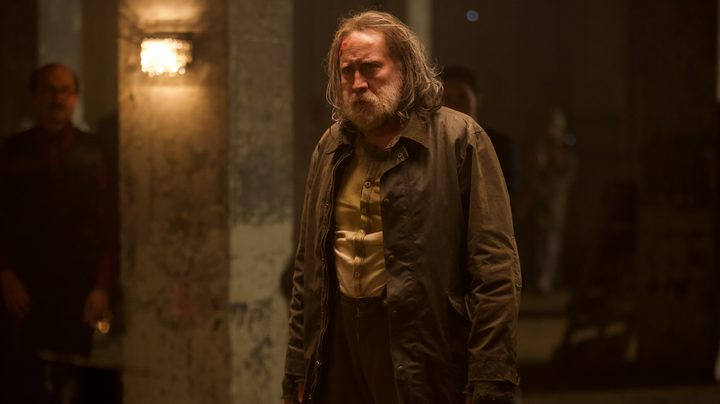 Nicolas Cage standing in a beard in Pig.