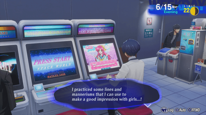 A character plays an arcade game in Persona 3 Reload.