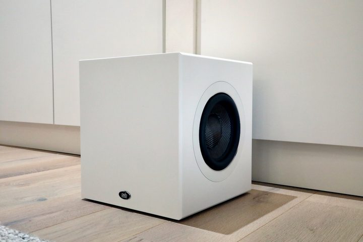 The PSB SubSeries subwoofer in white.