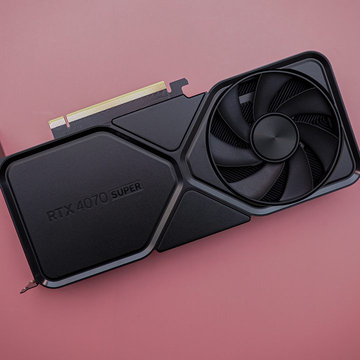 The RTX 4070 Super on a pink background.