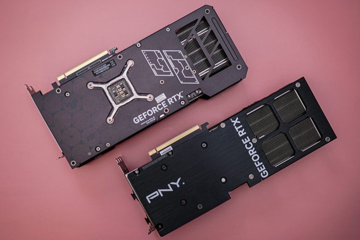 The backs of two RTX 4070 Ti Super graphics cards.