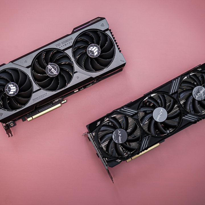 Two RTX 4070 Ti Super graphics cards sitting next to each other.