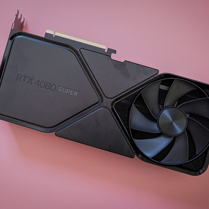 The Nvidia RTX 4080 Super on a pink background.