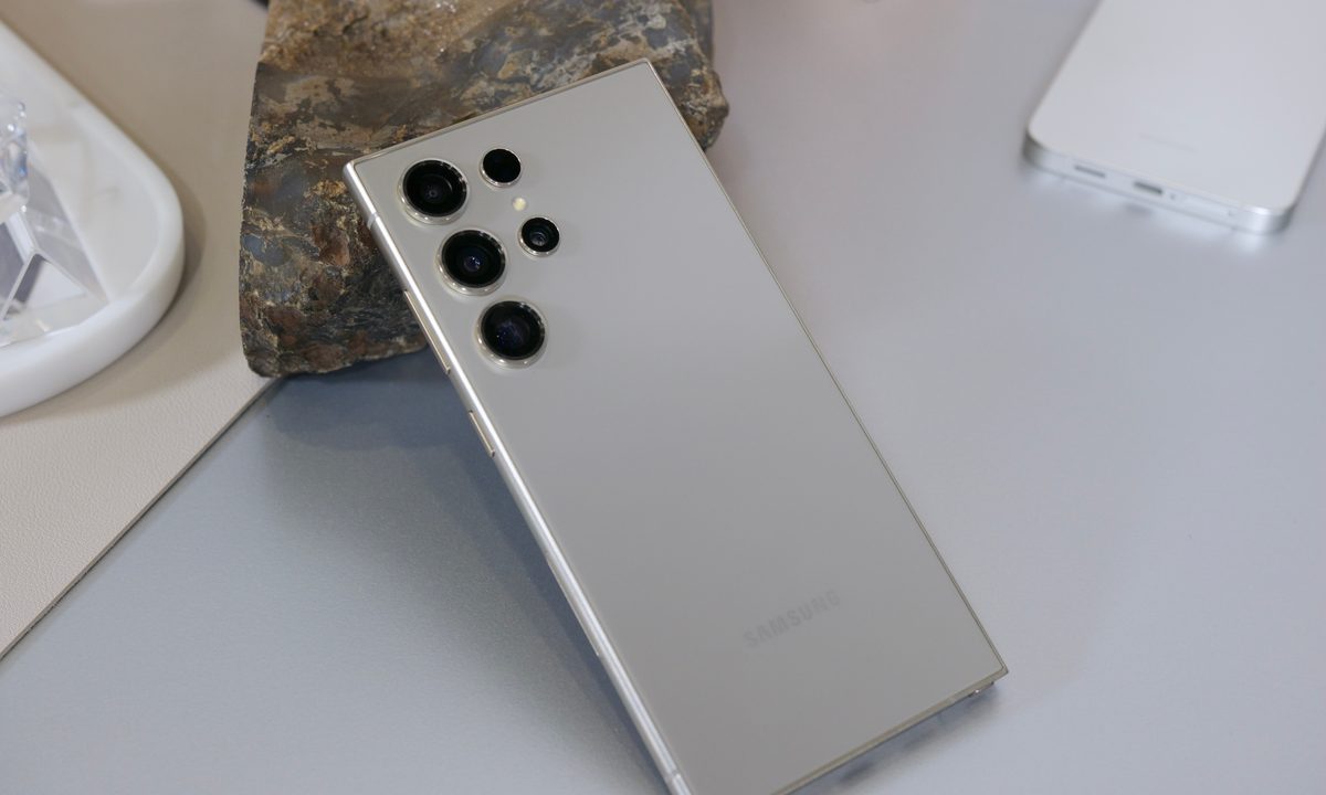 A rear view of the gray Samsung Galaxy S24 Ultra.