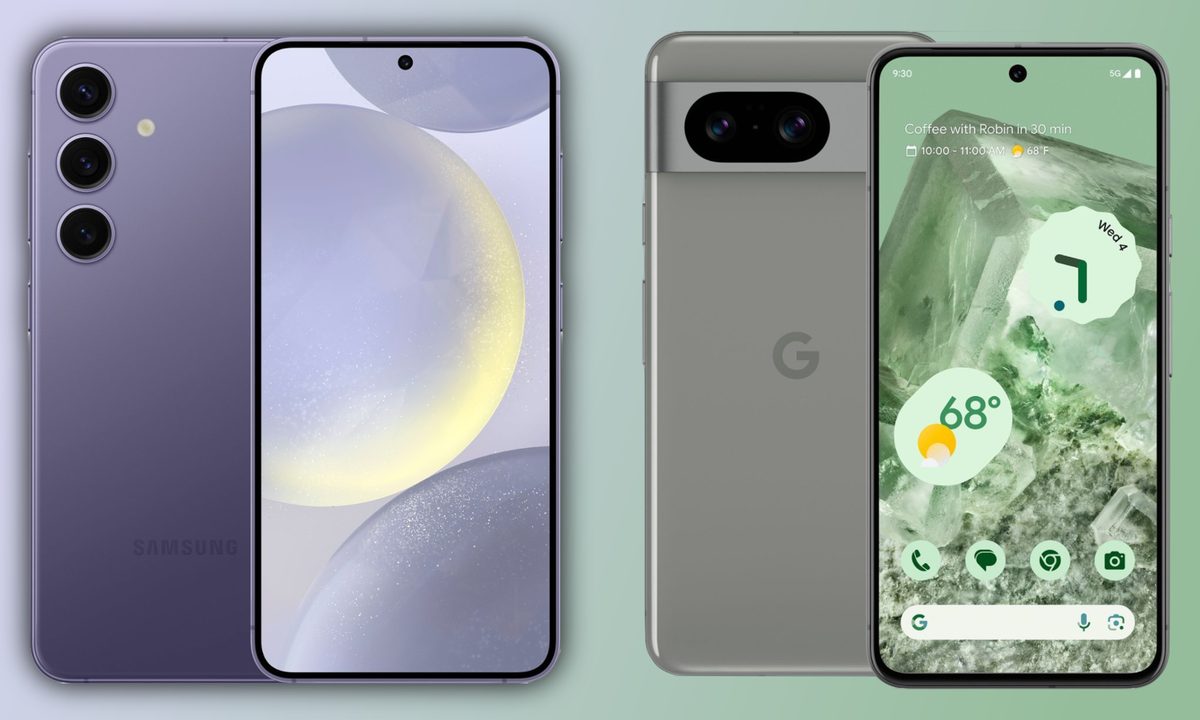 Renders of the Samsung Galaxy S24 and Google Pixel 8 next to each other.