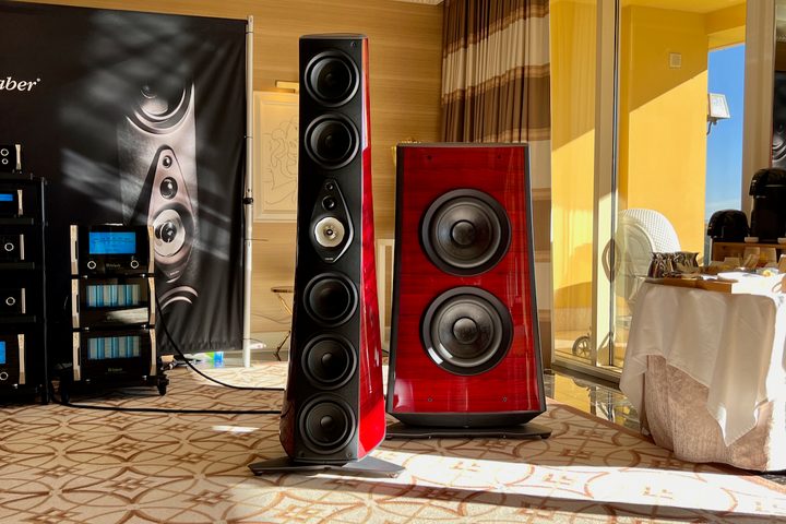 The Sonus faber Suprema tower speakers and dual subwoofers.