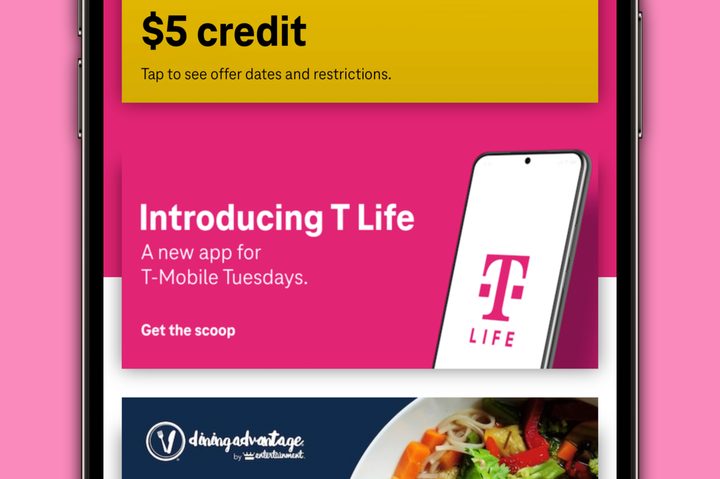 A screenshot of the T-Mobile Tuesdays app, showing a promo for the new T Life app.