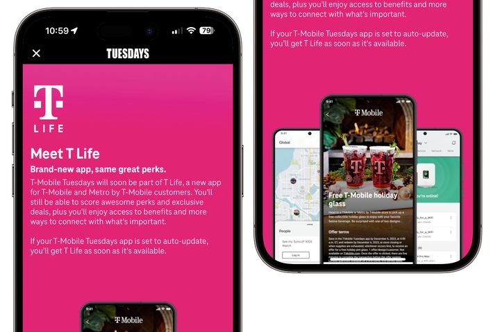 A screenshot of the T-Mobile Tuesdays app, showing a promo for the new T Life app.