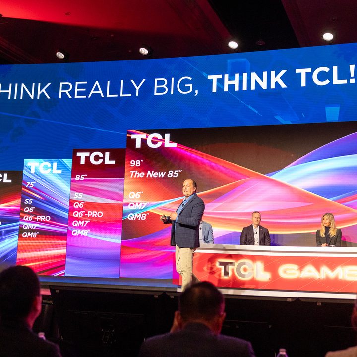 TCL announces its 2024 TV range at its CES 2024 press conference.