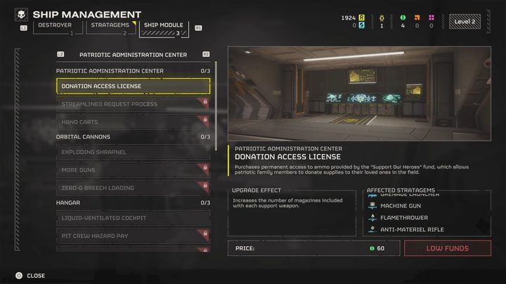 A description of a ship module in Helldivers 2.