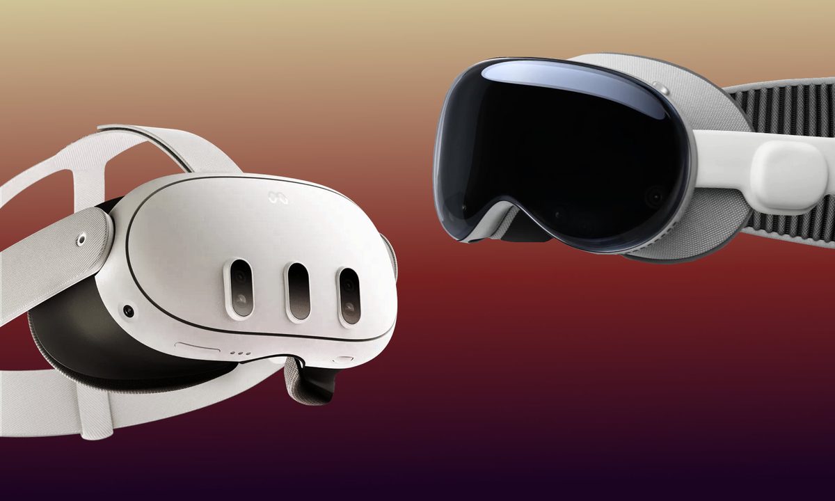 A Meta Quest 3 faces and Apple Vision Pro on a dynamic background.