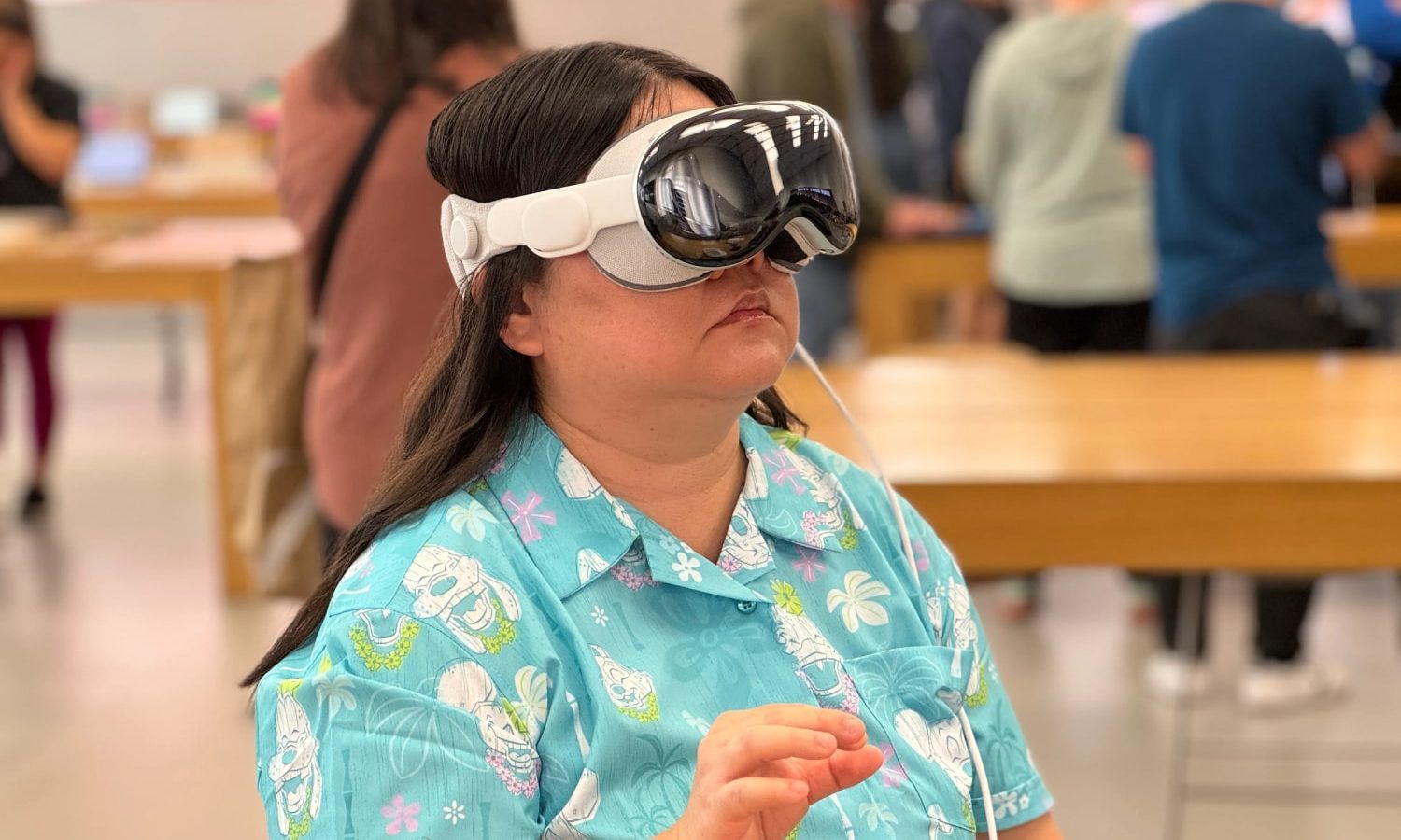 A person wearing the Apple Vision Pro demo unit in an Apple Store.