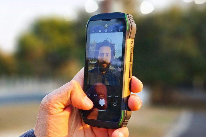 Selfie being taken on the Blackview N6000 tiny rugged Android phone.