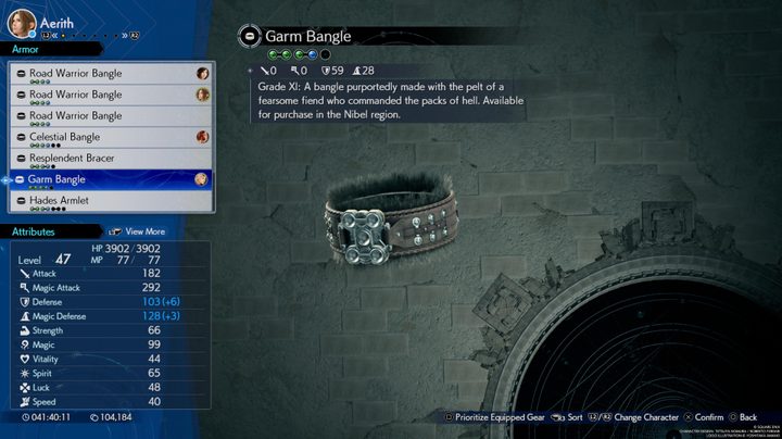 An armor description in Final Fantasy 7: Rebirth.