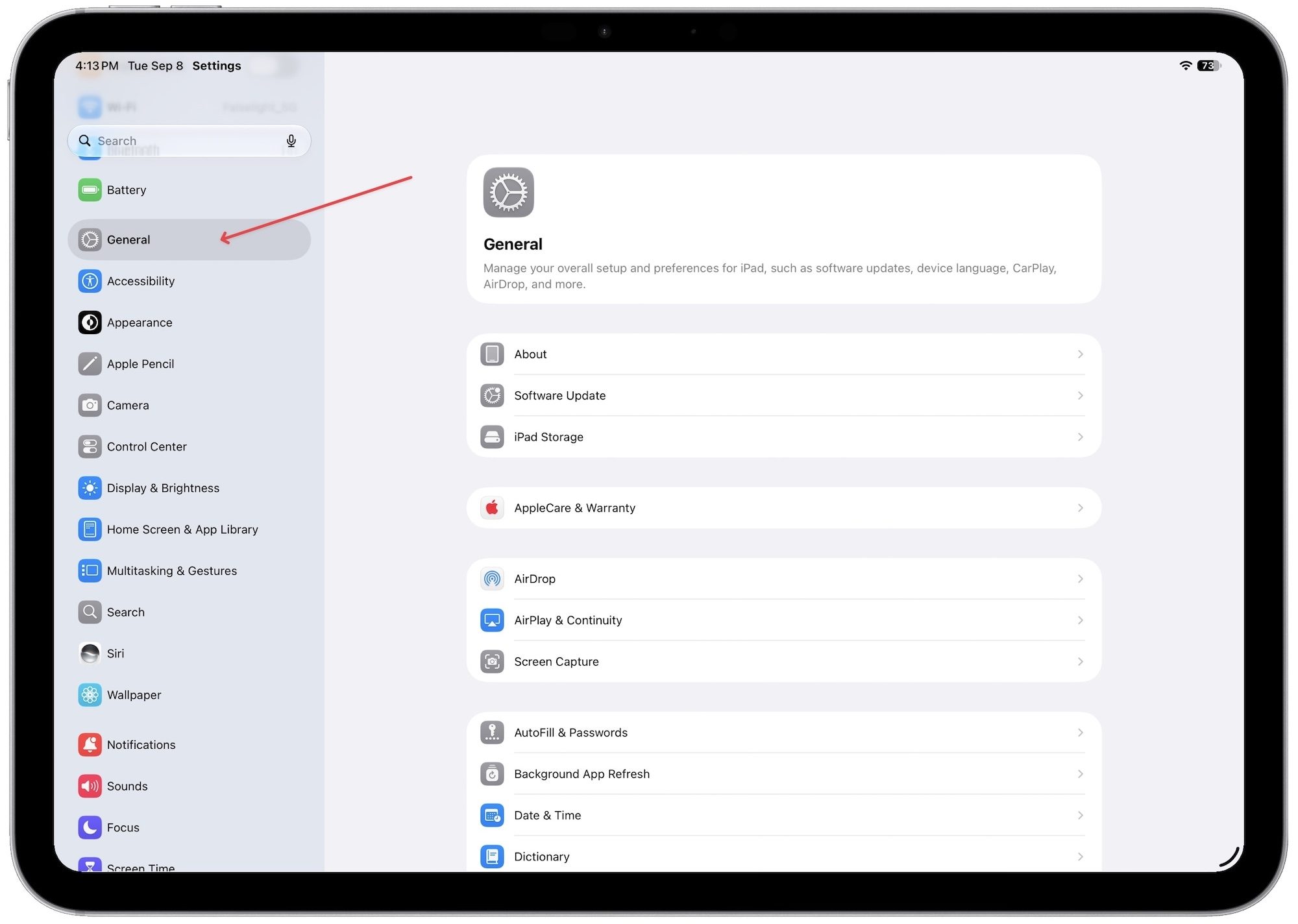 General settings on ipad