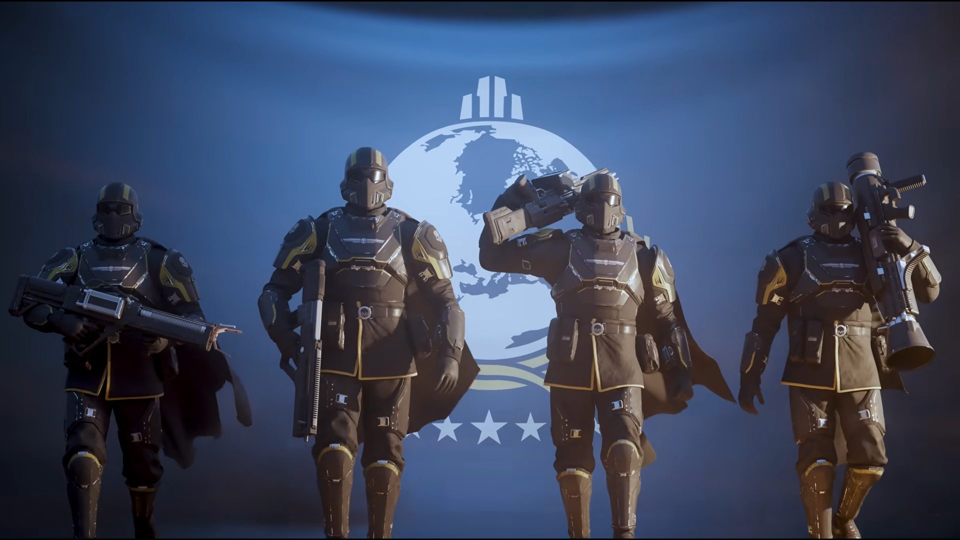 Four soldiers walk in front of a blue Super Earth flag in the Helldivers 2 trailer.