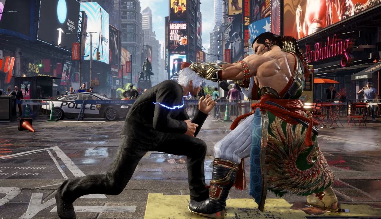 Lee in the middle of a wavedash moving toward Feng in Tekken 8.