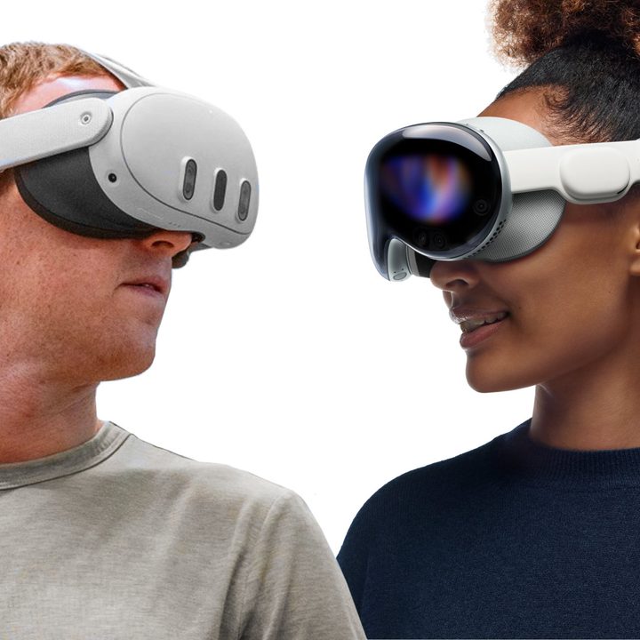 Meta CEO Zuckerberg models the Quest 3 on the left while someone else wears an Apple Vision Pro on the right.