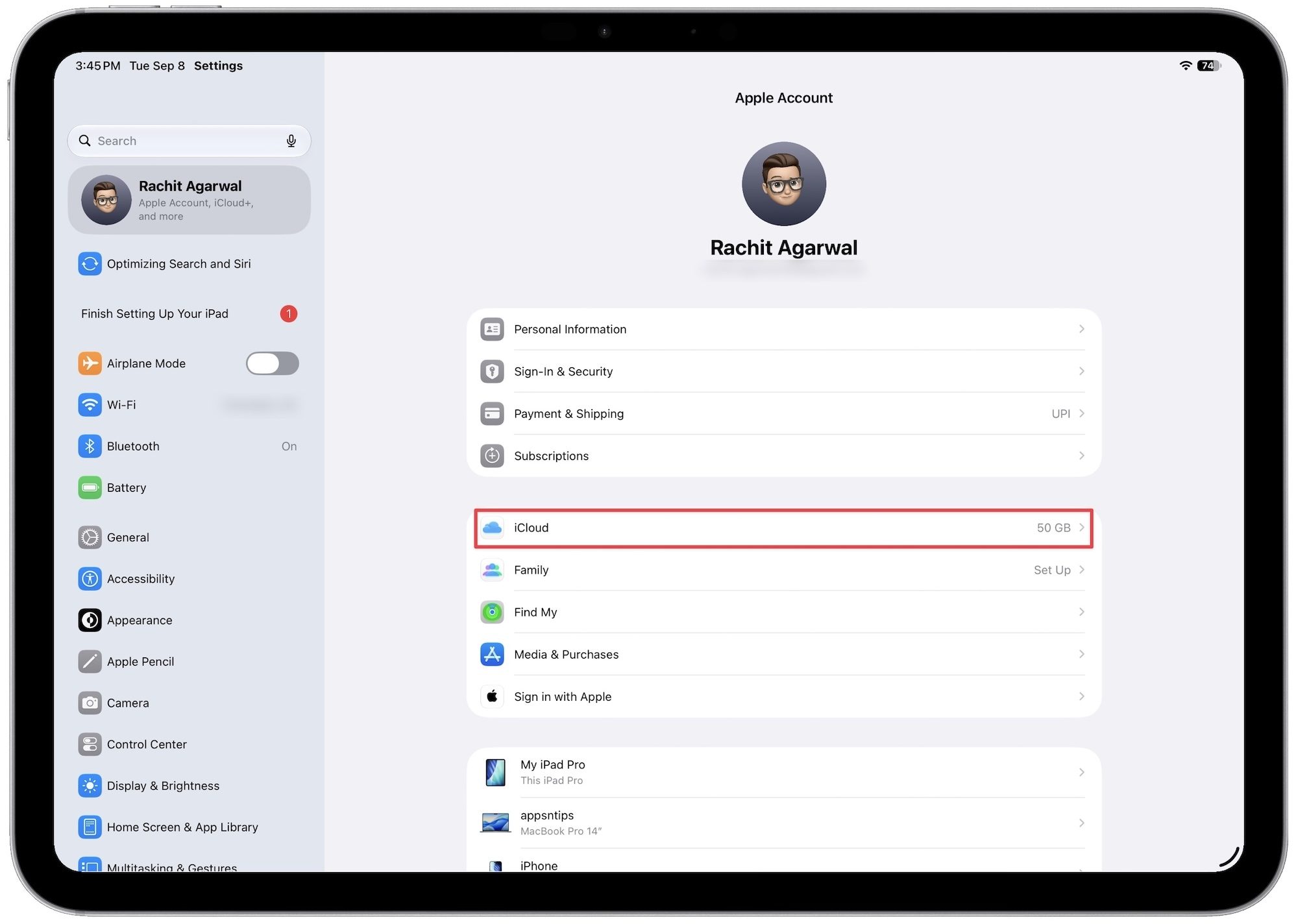 Opening iCloud settings on iPad