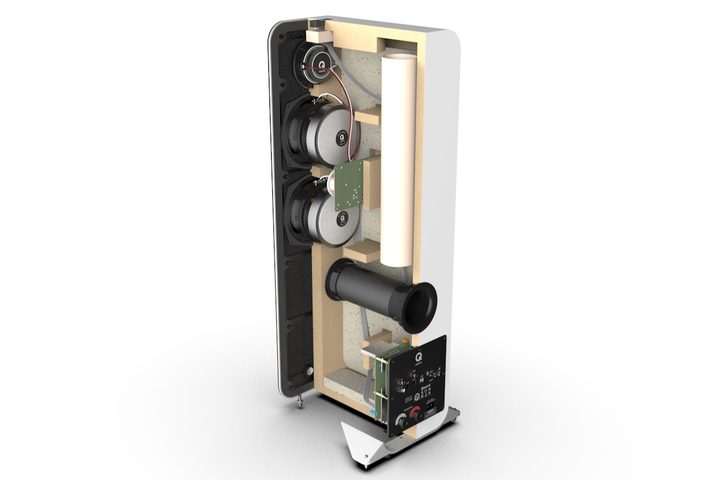 The internals of the Q Acoustics M40 powered micro-tower wireless audio system.